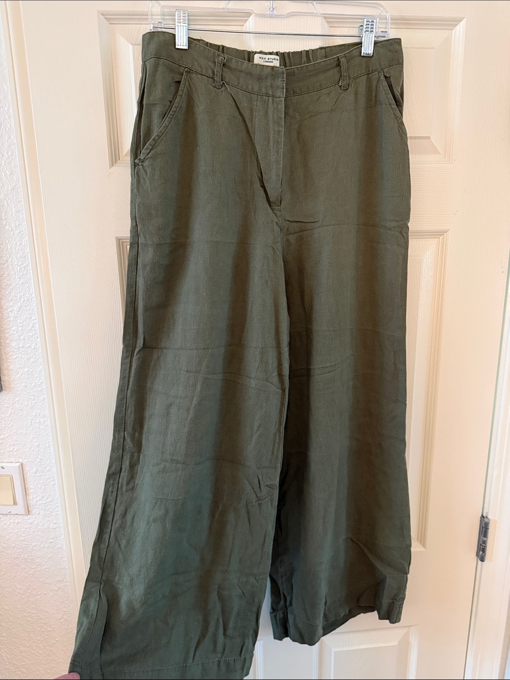 Max Studio Olive-Tone Linen-Blend Wide Leg Pants